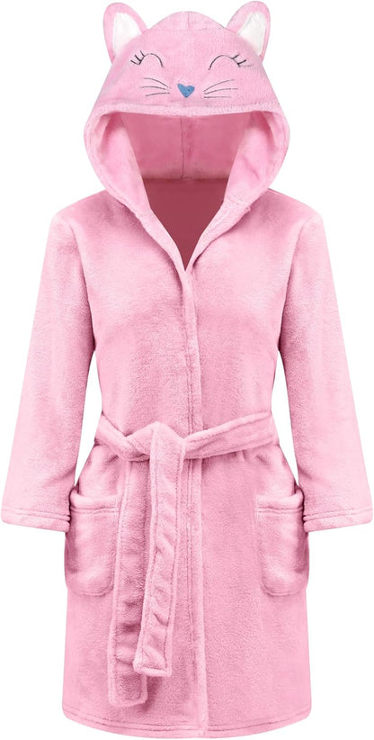 Girls Hooded Fleece Bathrobe - Soft Plush Warm Robe for Kids 3-14 Years