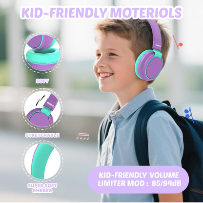 Kids Headphones Volume Limited 85/94dB - Wired Over-Ear Foldable Headset with Microphone Pink