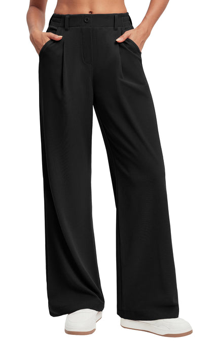 Women's Wide Leg Work Pants - Stretchy Pull-On Business Casual Trousers with Pockets