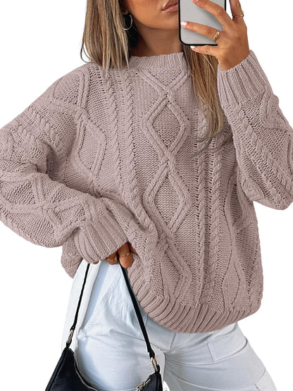 Women's Oversized Cable Knit Crewneck Sweaters - Cozy Fall Pullover Light Mauve
