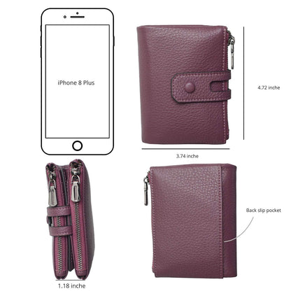 Women Leather Wallet - Small RFID Blocking Card Holder with Double Zipper