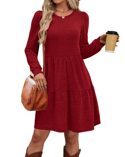 Women's Long Sleeve Fall Dresses with Pockets - Crew Neck Babydoll Casual Dress