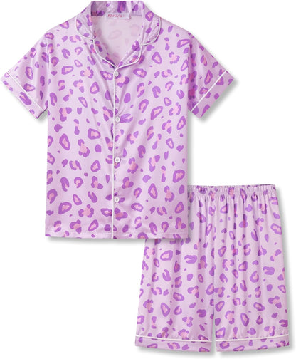 Girls Satin Pajama Set - Silky Button Down PJ with Shorts Size 6-16 14 Purple & Pink Leopard(short Sleeve & Shorts)