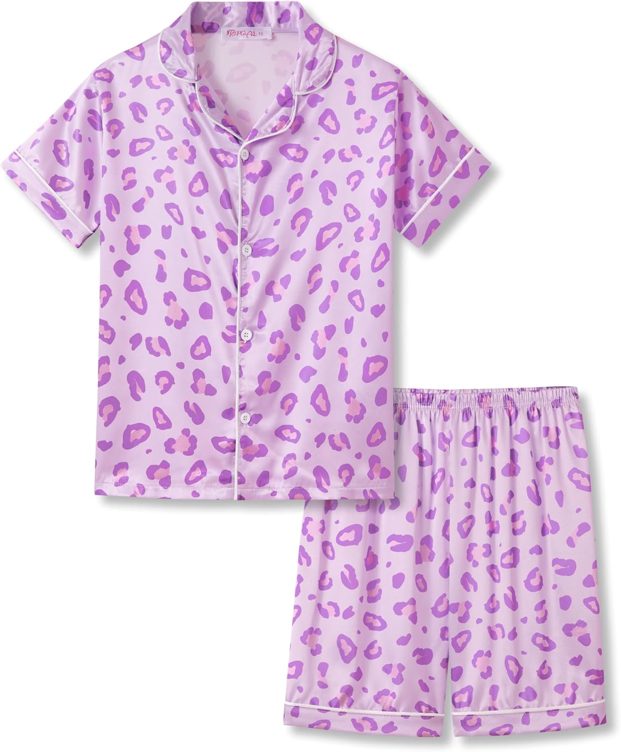 Girls Satin Pajama Set - Silky Button Down PJ with Shorts Size 6-16 14 Purple & Pink Leopard(short Sleeve & Shorts)