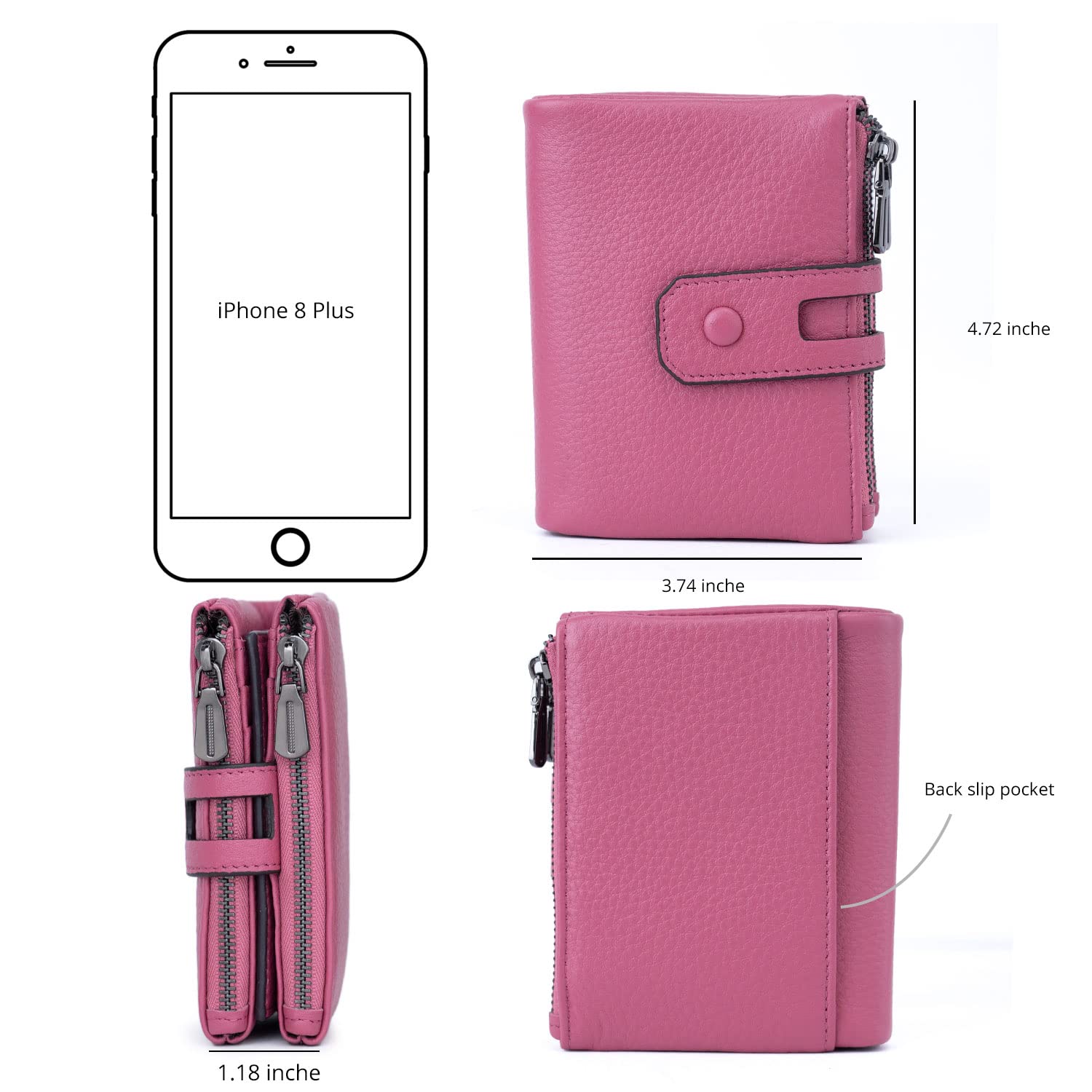 Women Leather Wallet - Small RFID Blocking Card Holder with Double Zipper