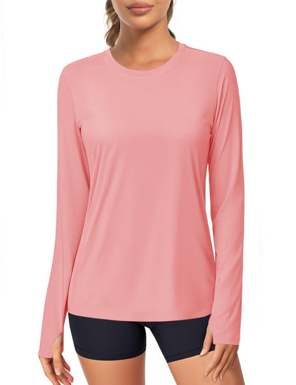 Women's UPF 80+ Long Sleeve Rash Guard - Quick Dry Athletic Shirt with Thumb Holes Pink
