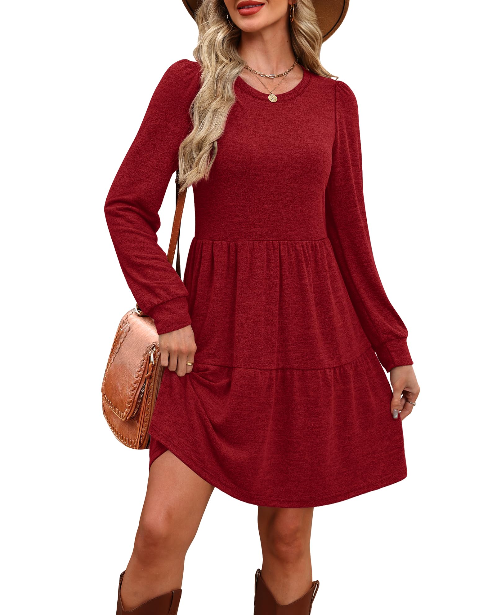 Women's Long Sleeve Fall Dresses with Pockets - Crew Neck Babydoll Casual Dress