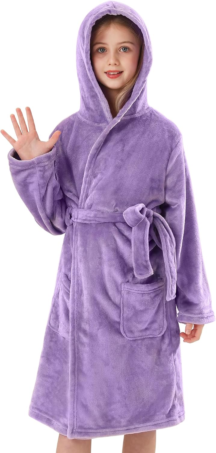 Girls Hooded Fleece Bathrobe - Soft Plush Warm Robe for Kids 3-14 Years Lavender Purple