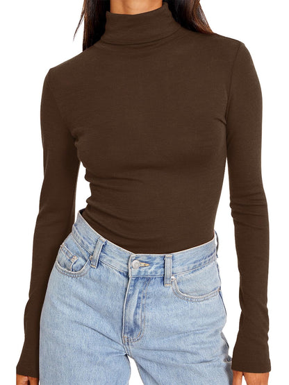Women's Turtleneck Long Sleeve Shirts - Basic Thermal Underwear Tops Chocolate Brown