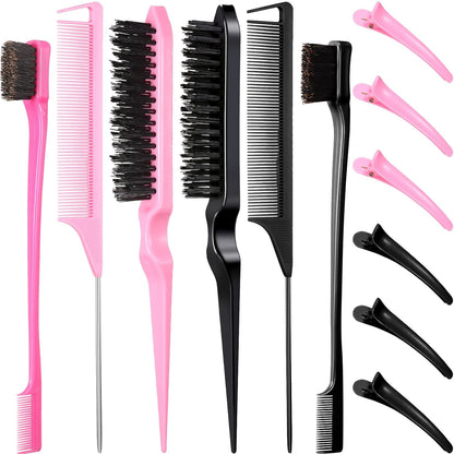 Hair Brush Set 12 Pieces Double Sided Edge Brush Teasing Combs Styling Kit Black, Pink