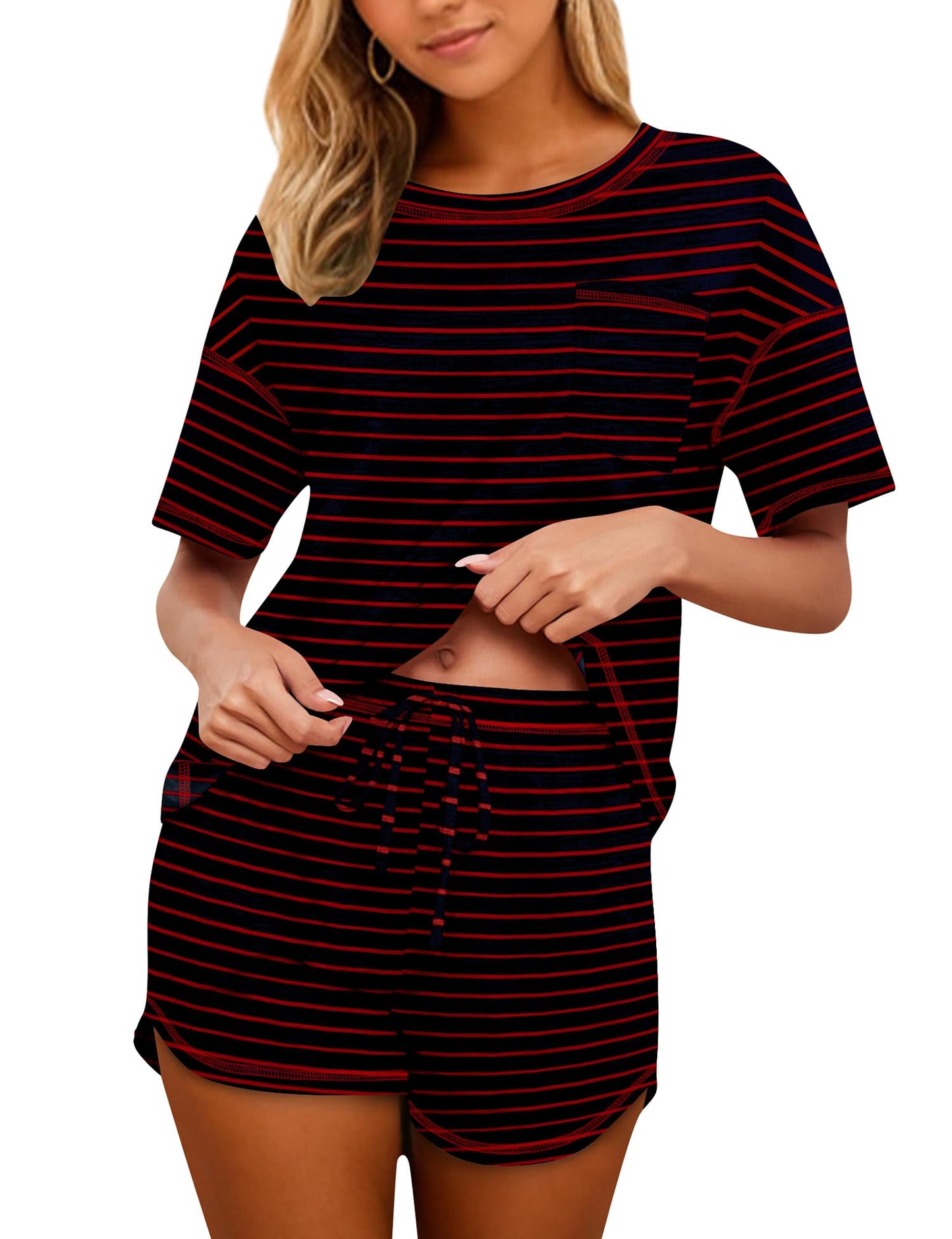 Women's Cotton Pajama Set - Short Sleeve Top and Shorts Sleepwear Lounge Set Strped Navy Blue