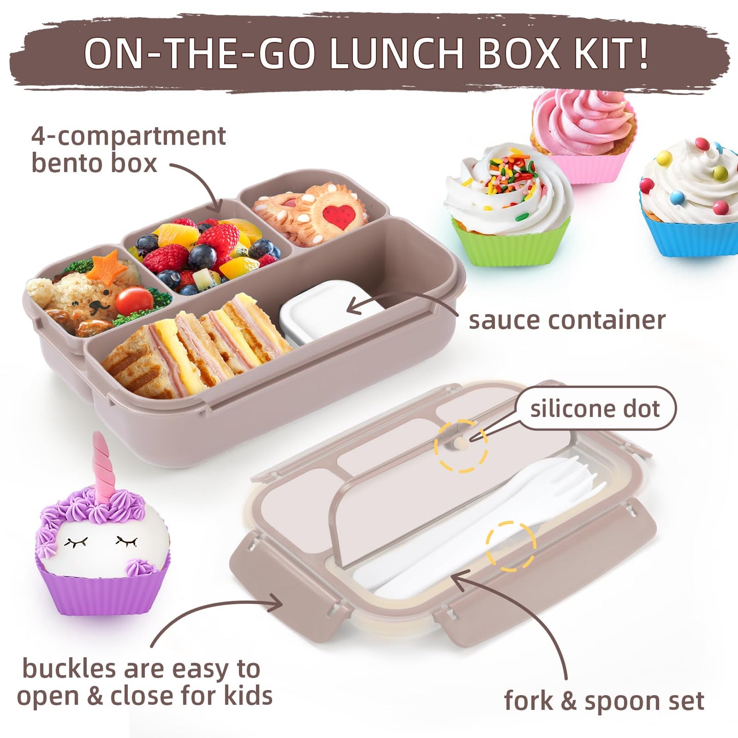 Bento Lunch Box for Kids - 4 Compartment Leak-Proof School Lunch Container with Utensils Purple