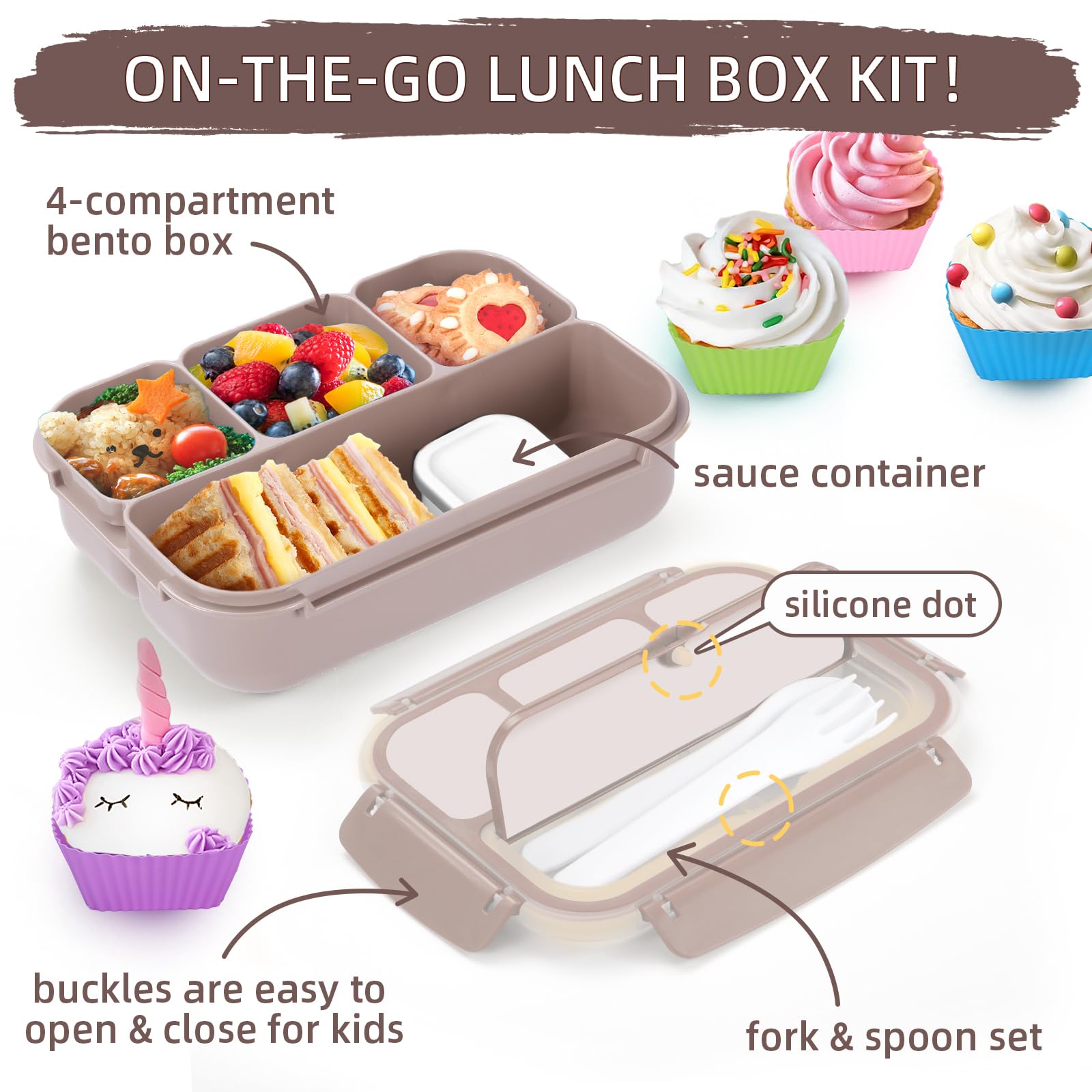 Bento Lunch Box for Kids - 4 Compartment Leak-Proof School Lunch Container with Utensils Purple