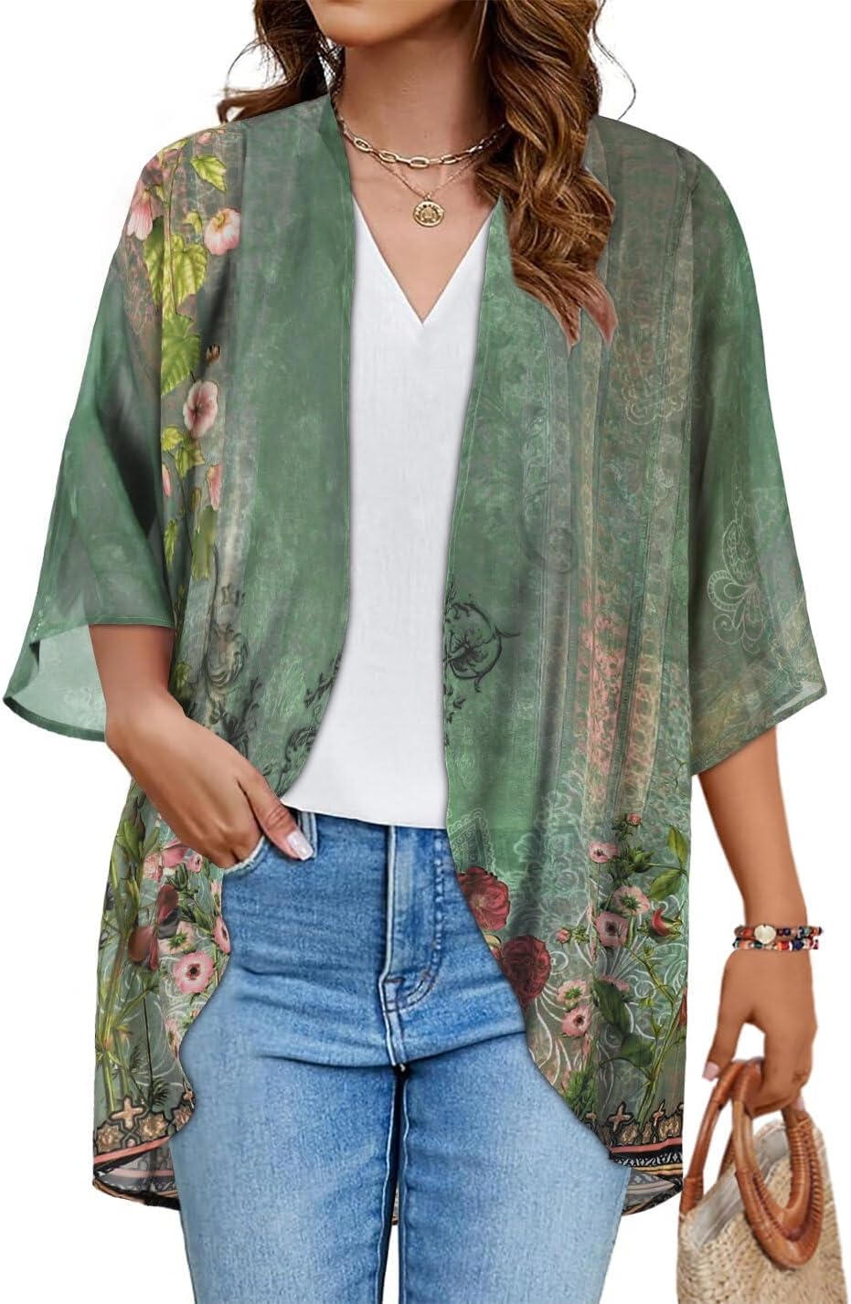Floral Print Kimono Cardigan Women Puff Sleeve Cover Up Casual Blouse Loose Top Army Green Floral