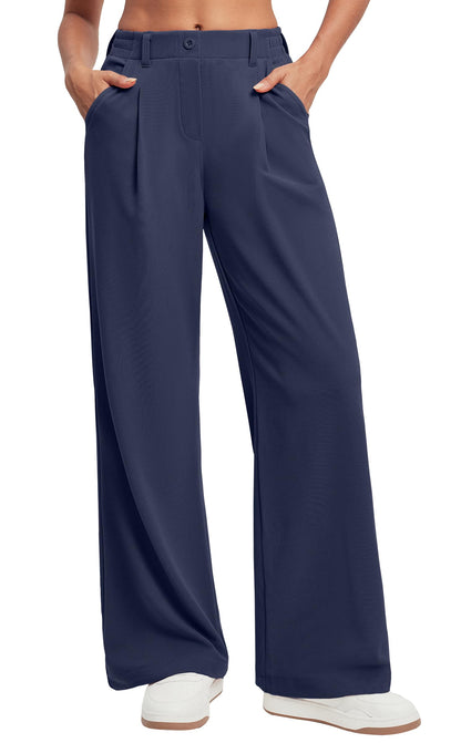 Women's Wide Leg Work Pants - Stretchy Pull-On Business Casual Trousers with Pockets
