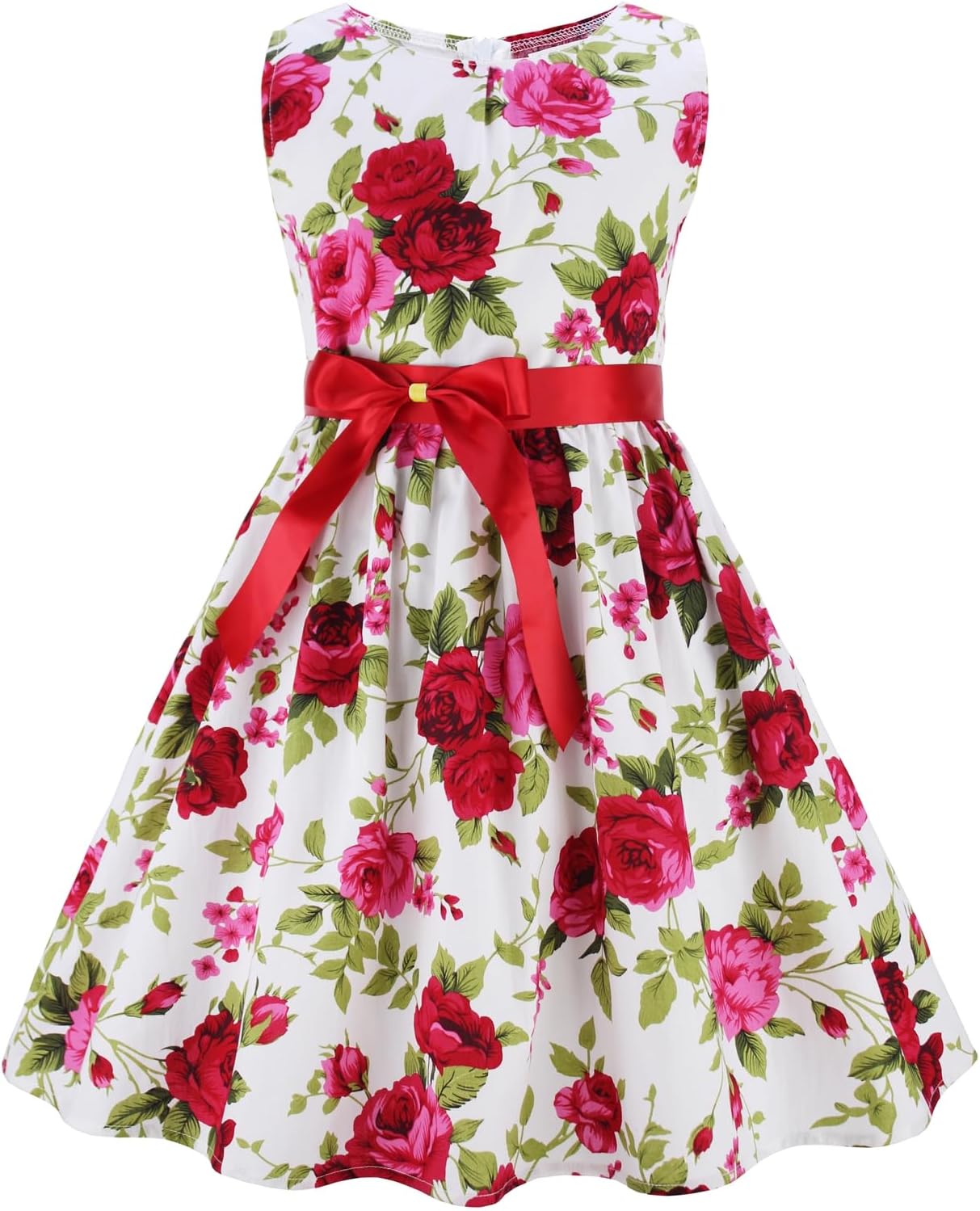 Girls Floral Cotton Dress - Sleeveless Summer Dress with Zipper Closure