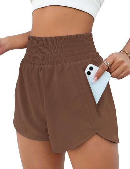 High Waisted Athletic Shorts Women Running Workout Shorts with Pockets Gym Sporty Brown013