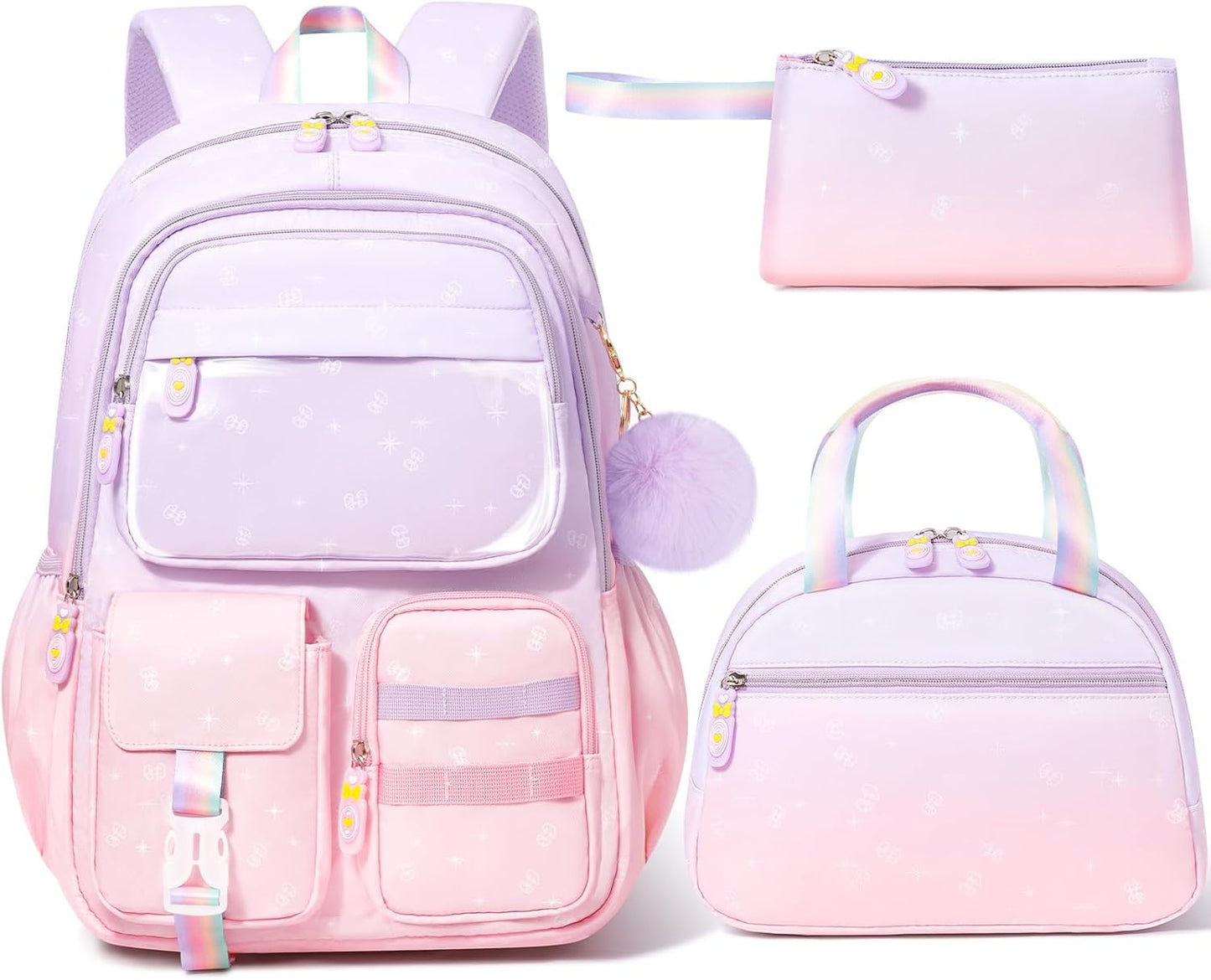 Girls School Backpack Set 3-Piece - Waterproof Kids Backpack with Lunch Box purple pink