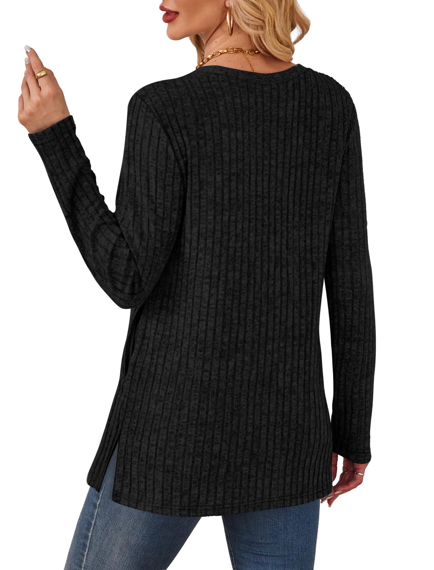 Women's Crewneck Sweater with Pockets - Long Sleeve Tunic Top with Side Slits