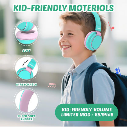 Kids Headphones Volume Limited 85/94dB - Wired Over-Ear Foldable Headset with Microphone Pink
