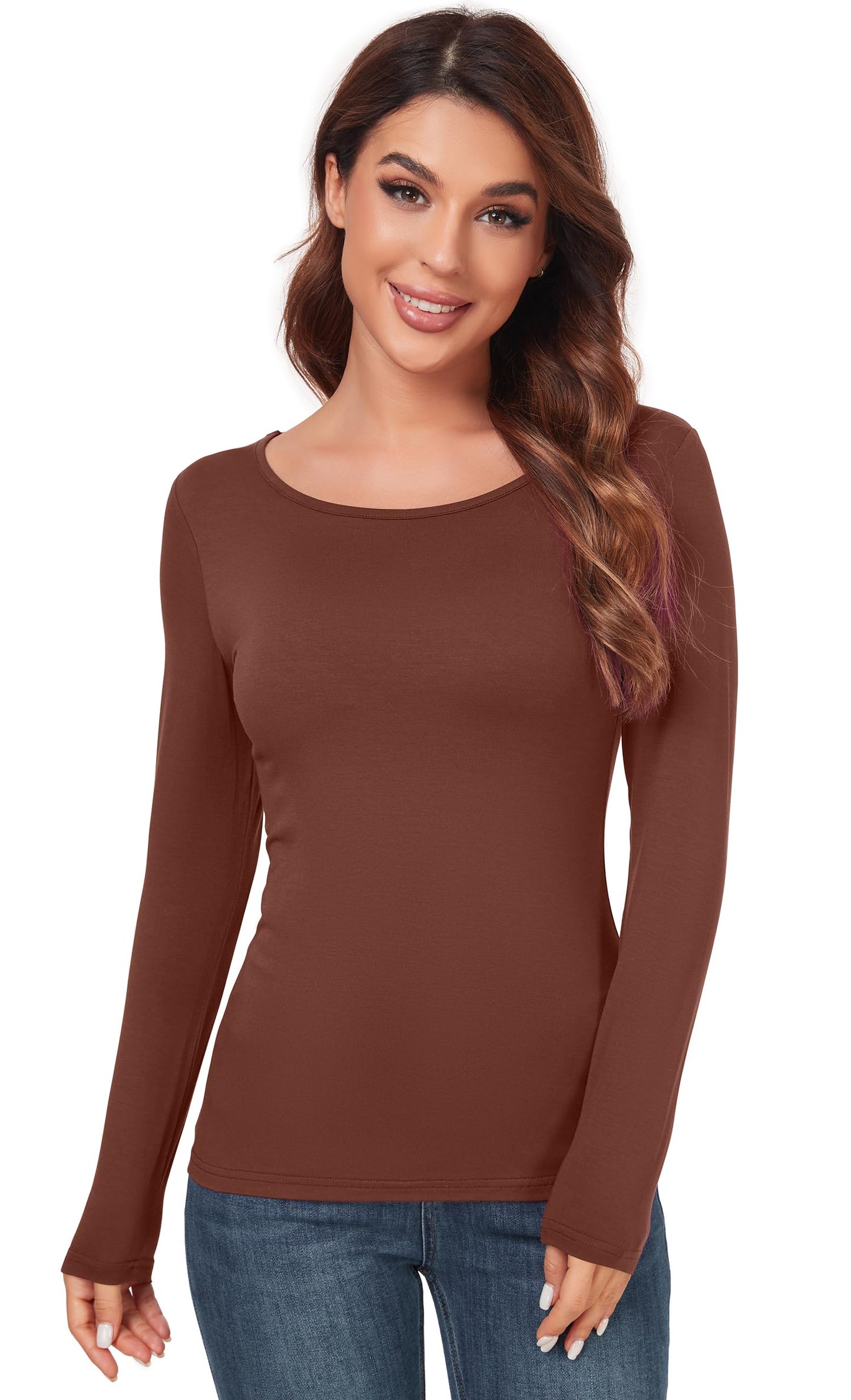 Women's Scoop Neck Long Sleeve Top - Slim Fit Thermal Blouse Basic Layer Shirt Coffee