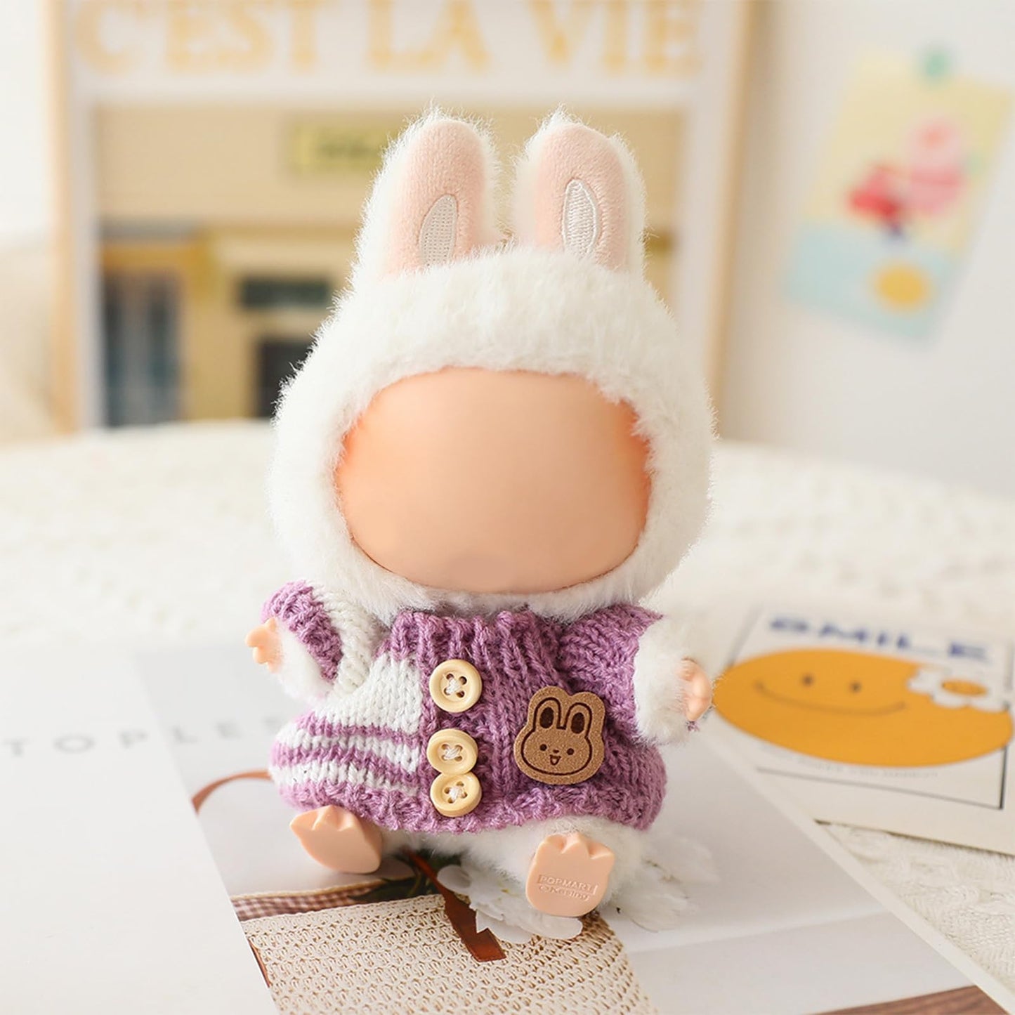 3 Piece Handmade Crochet Outfit for 17cm Dolls - Heart Sweater Hat & Bag Set