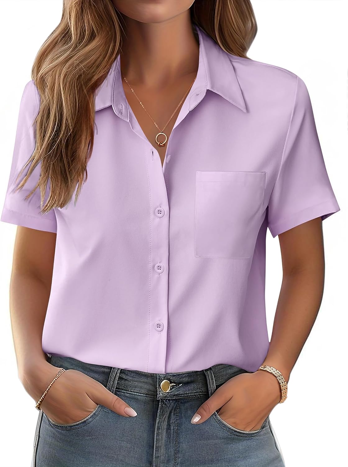 Polyester Blouse - Women's Button Down Shirt Short Sleeve Business Casual Blouse with Chest Pocket Small Lilac