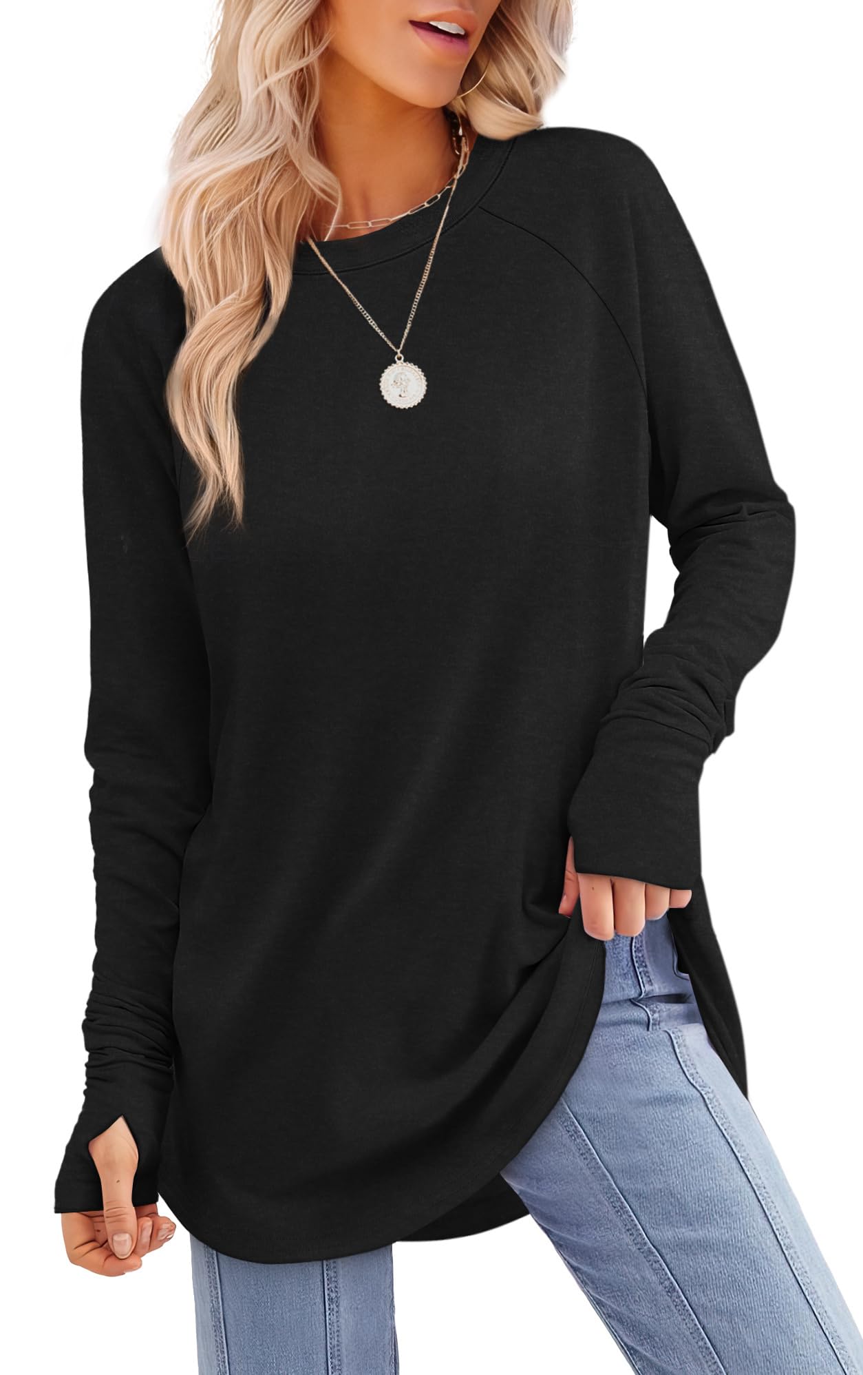 Tunic Top with Thumb Holes for Women - Long Sleeve Shirt with Curved Hem B-black