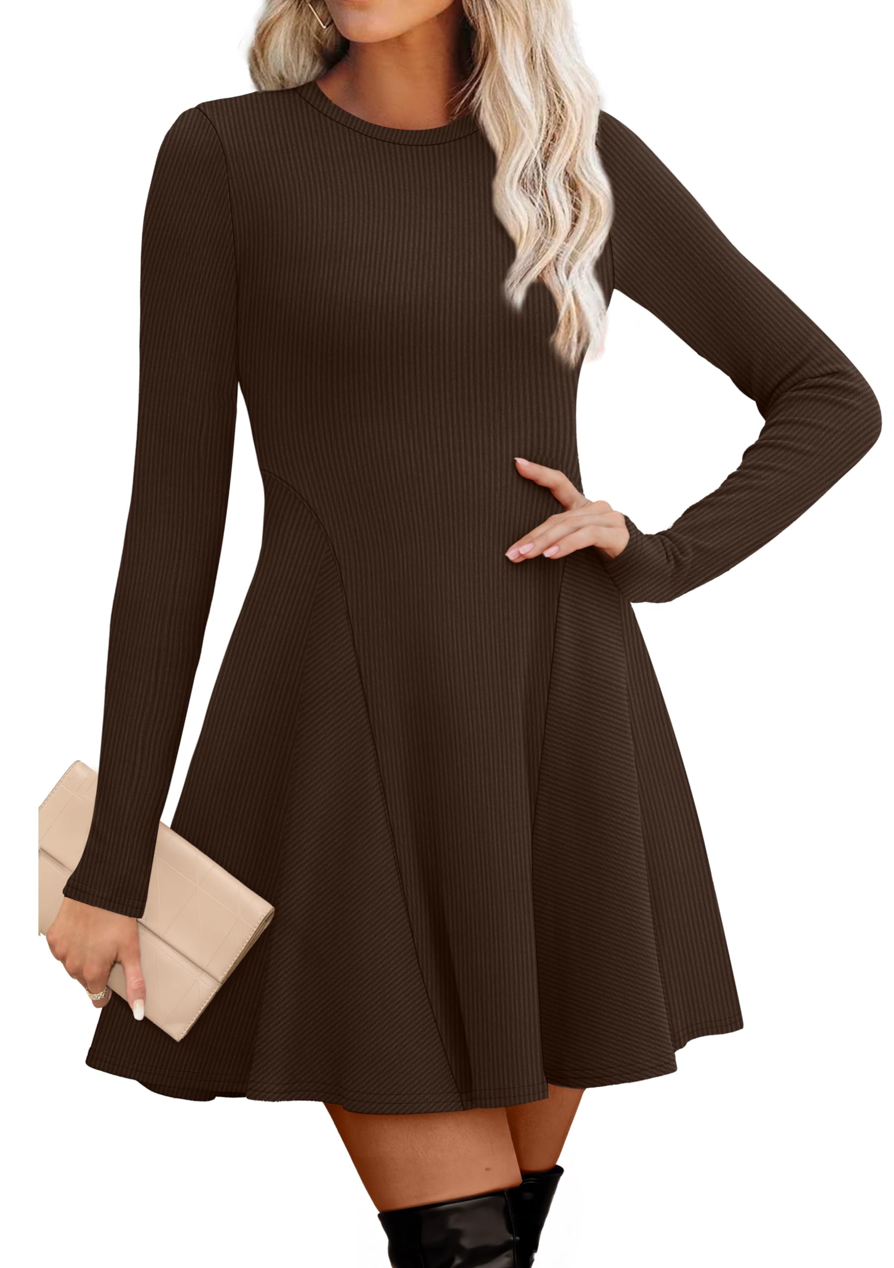 Women's Sweater Dress - Long Sleeve Ribbed Knit Fit and Flare A-Line Dress