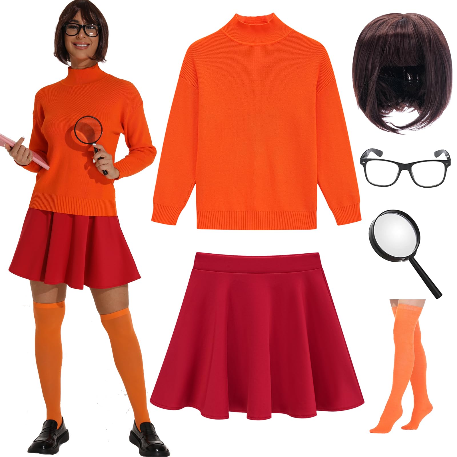 Halloween Costume Set for Women - Orange Turtleneck Sweater & Skirt Cosplay Outfit