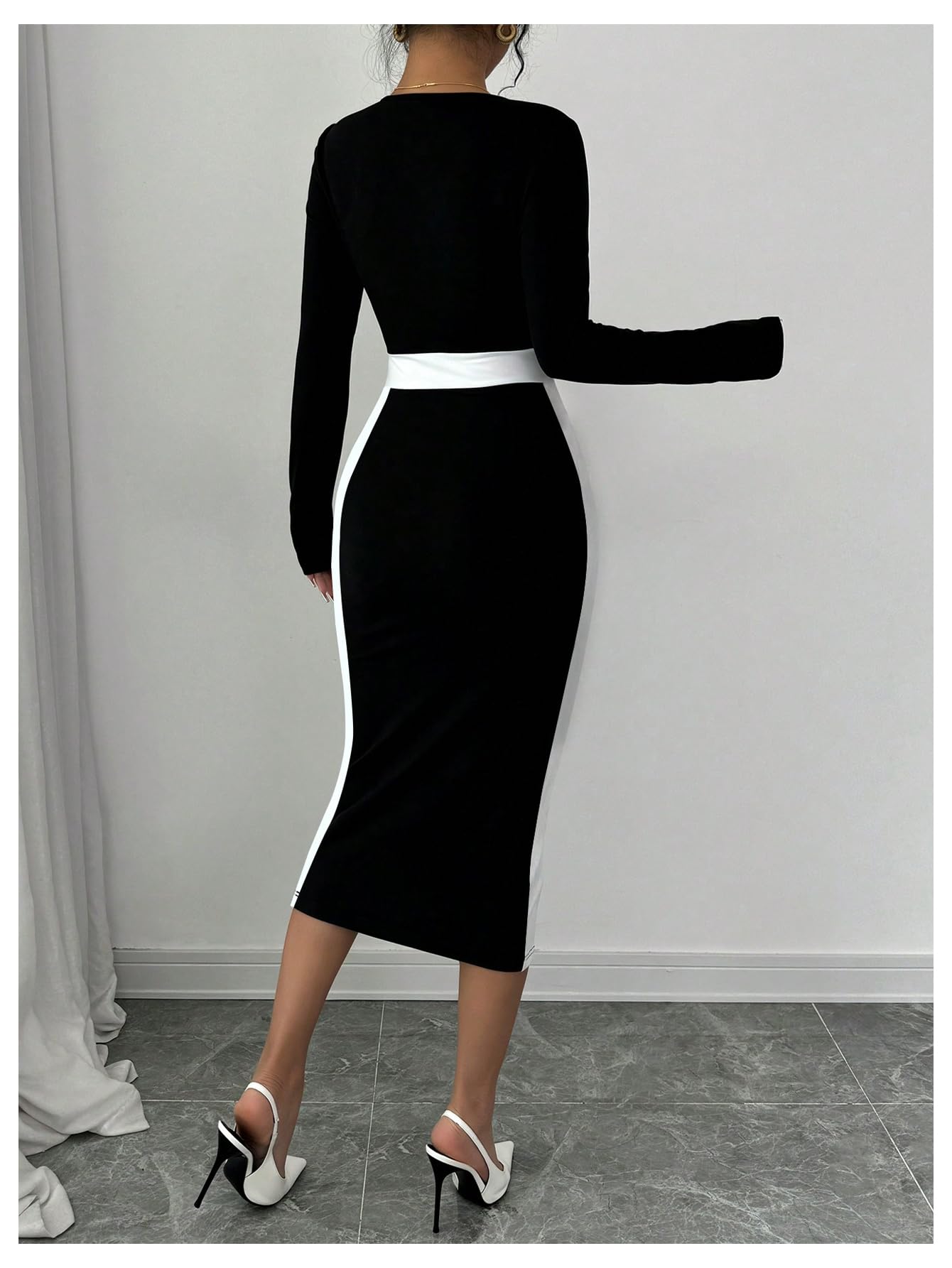 Women Midi Dress - Color Block Square Neck Long Sleeve Bodycon Dress