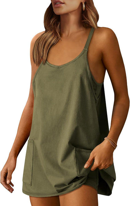 Women's Athletic Tennis Dress Built-in Shorts Summer Workout Mini Romper Army Green