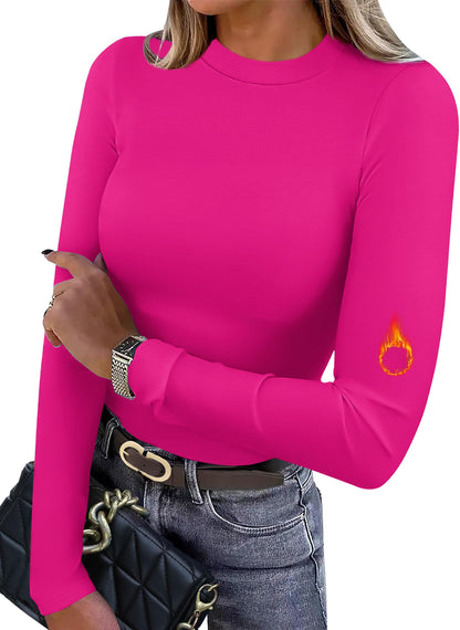 Women's Long Sleeve Thermal Shirt - Fleece Mock Neck Slim Fit Top Hot Pink