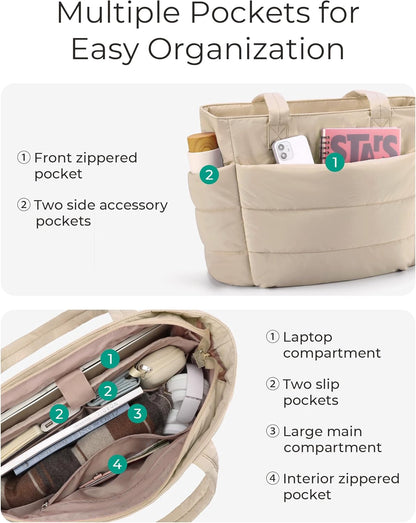 Women's Quilted Tote Bag Lightweight Puffy Shoulder Bag with Compartments