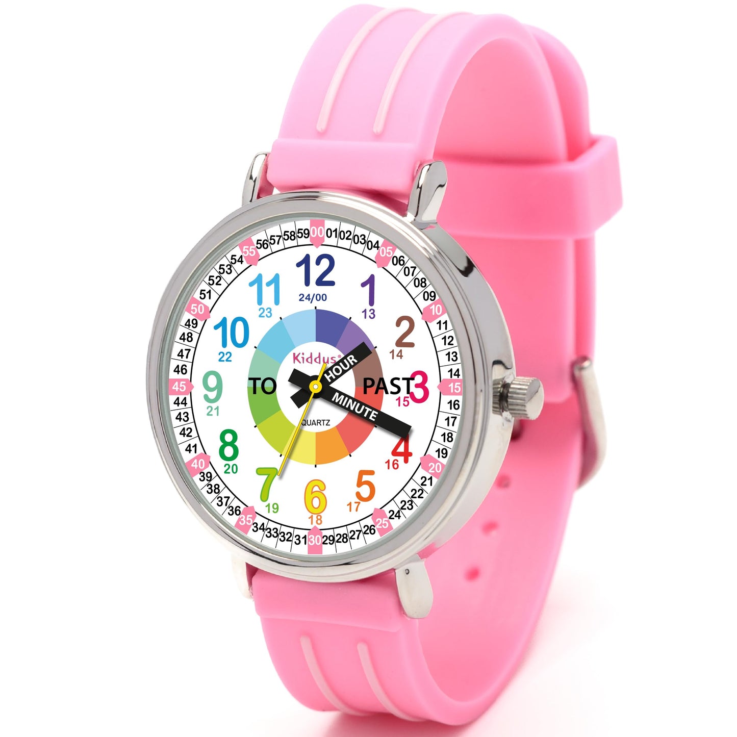 Kids Time Teacher Watch - Educational Analog Watch with Japanese Quartz Movement Ages 5-12 A. English Handles 01 Pink