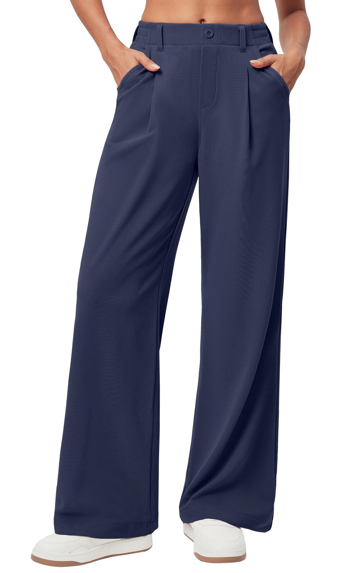 Women's Wide Leg Work Pants - Stretchy Pull-On Business Casual Trousers with Pockets Navy- 28'' Regular