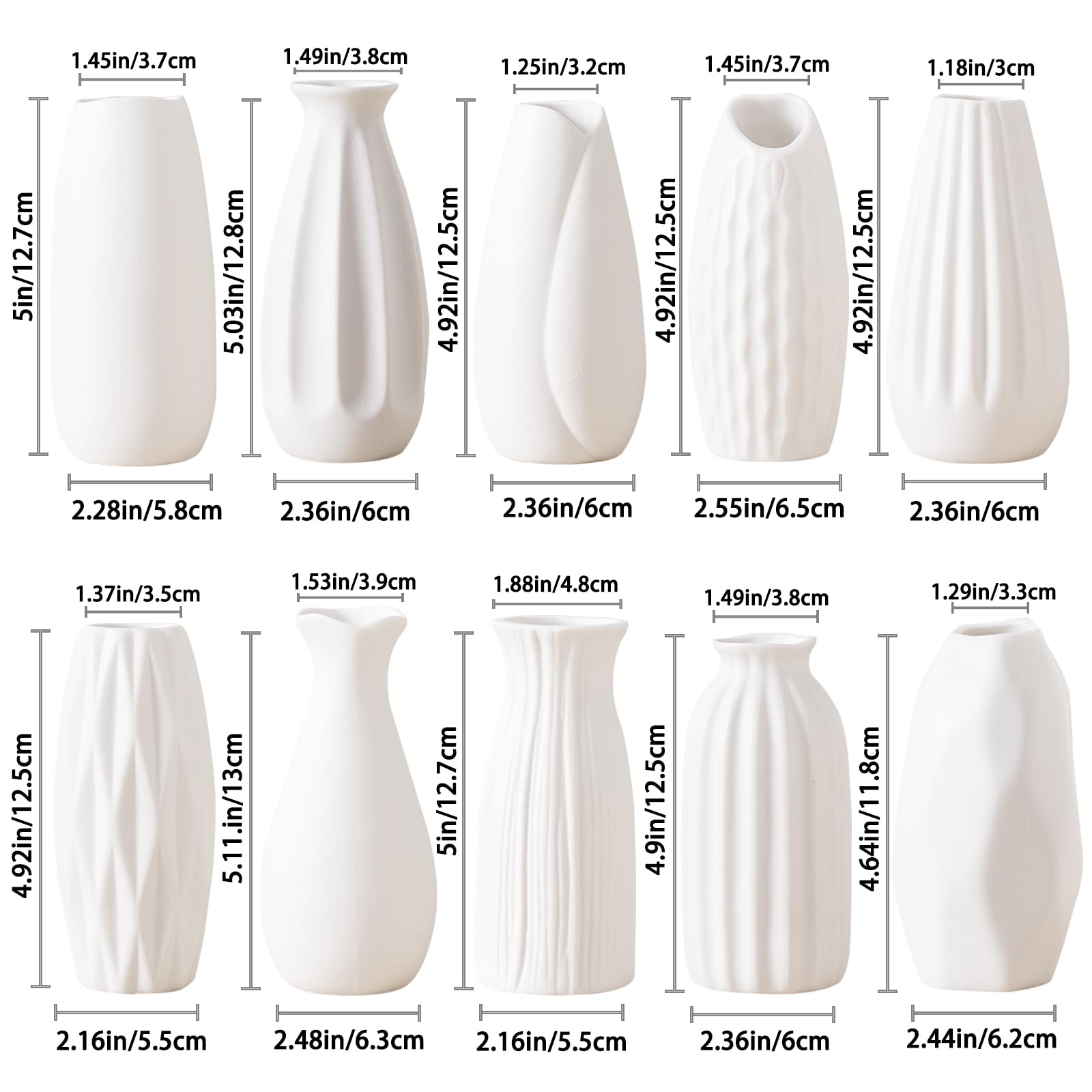 White Ceramic Bud Vases Set of 10 - 5 Inch Small Mini Vases for Flowers Centerpieces Decor