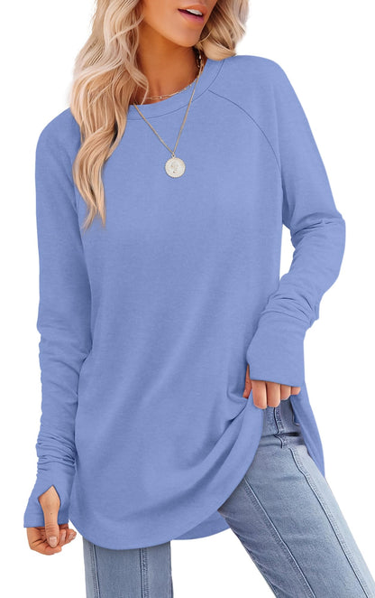Tunic Top with Thumb Holes for Women - Long Sleeve Shirt with Curved Hem Medium N-light Blue