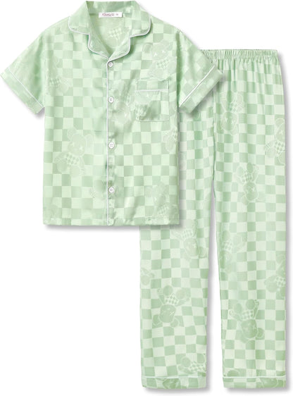 Girls Satin Pajama Set - Silky Button Down PJ with Shorts Size 6-16 Jacquard Mint Bear (Short Sleeve & Pants)