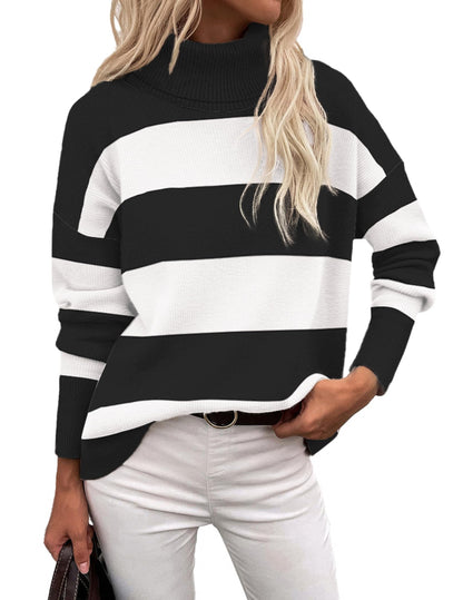 Orange Turtleneck Sweater - Turtleneck Sweater for Women - Chunky Knit Pullover with High Low Hem Black Stripe