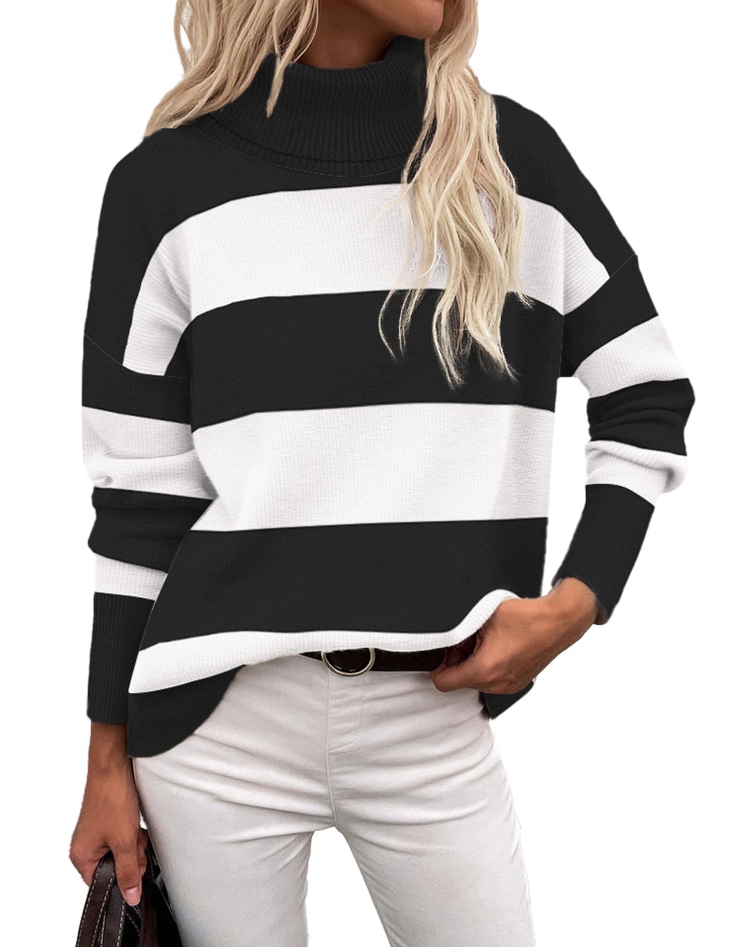 Orange Turtleneck Sweater - Turtleneck Sweater for Women - Chunky Knit Pullover with High Low Hem Black Stripe