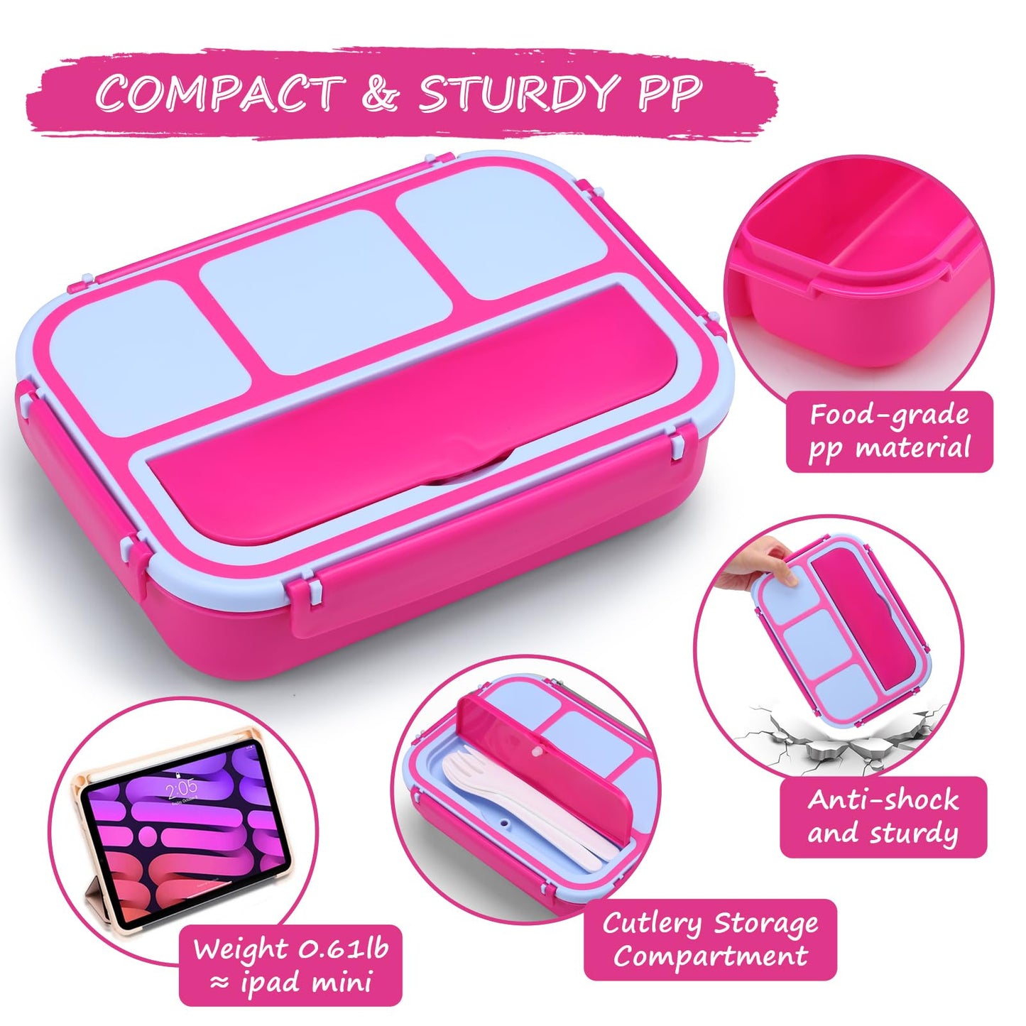 Bento Lunch Box for Kids - 4 Compartment Leak-Proof School Lunch Container with Utensils Purple