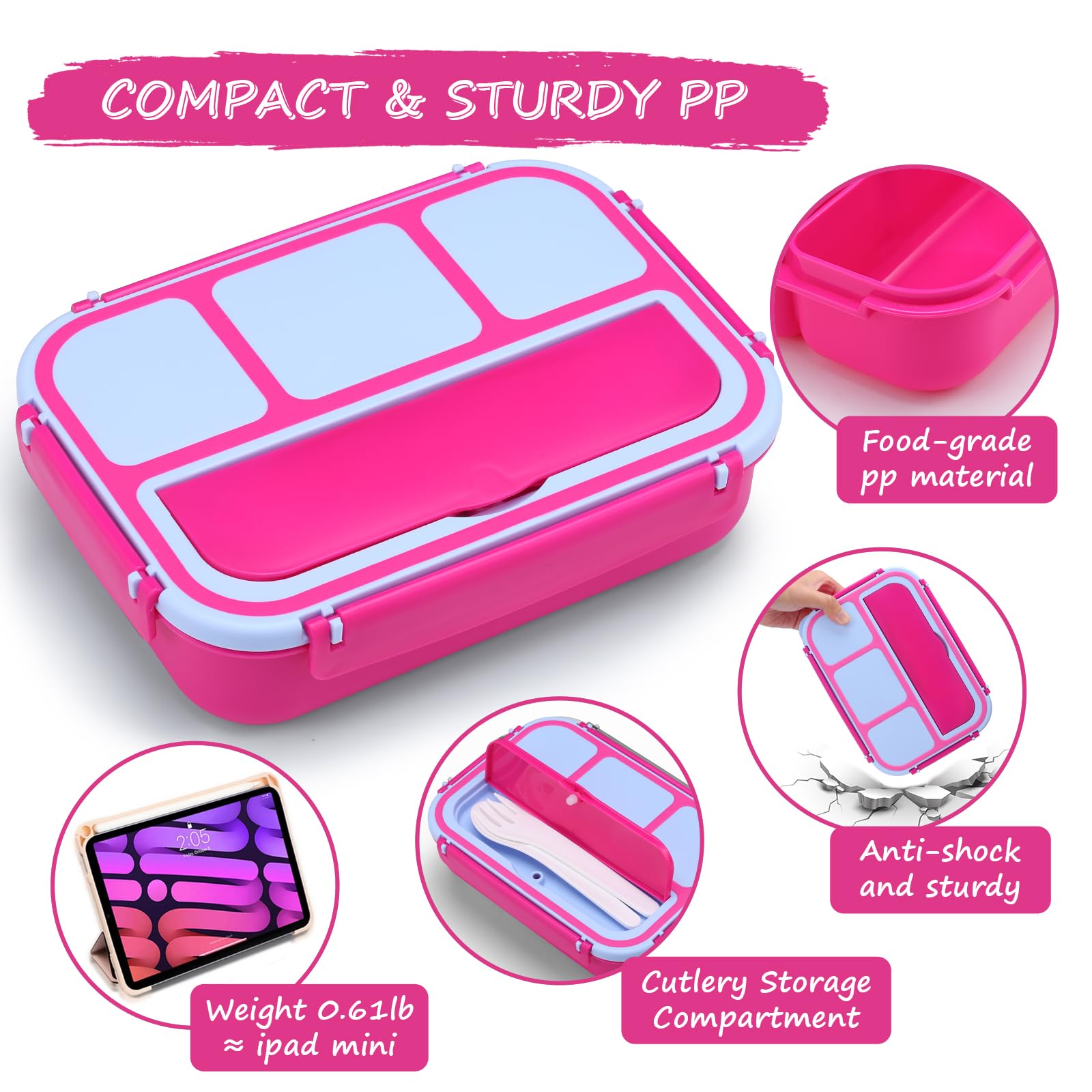 Bento Lunch Box for Kids - 4 Compartment Leak-Proof School Lunch Container with Utensils Purple
