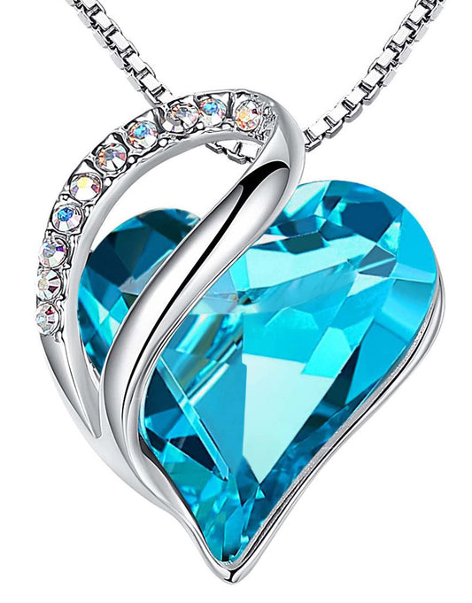 Infinity Love Birthstone Heart Necklace - 18K White Gold Plated Crystal Pendant Gift for Women 12a-December-Aquamarine Blue