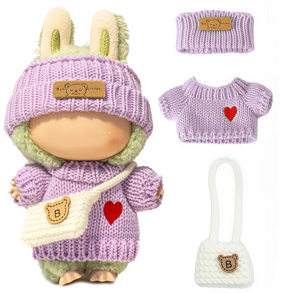 3 Piece Handmade Crochet Outfit for 17cm Dolls - Heart Sweater Hat & Bag Set Heart - Purple