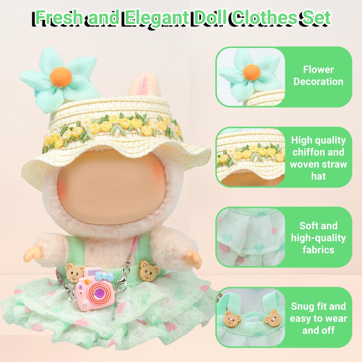 4 Piece Doll Clothes Set for 15cm-17cm Dolls - Outfit with Overalls Hat & Bag