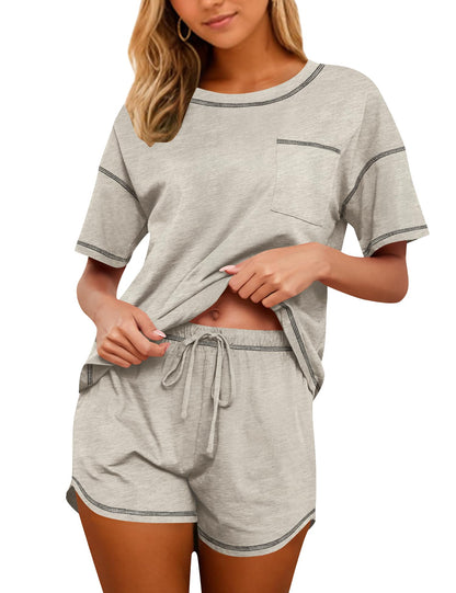 Women's Cotton Pajama Set - Short Sleeve Top and Shorts Sleepwear Lounge Set Heather Grey