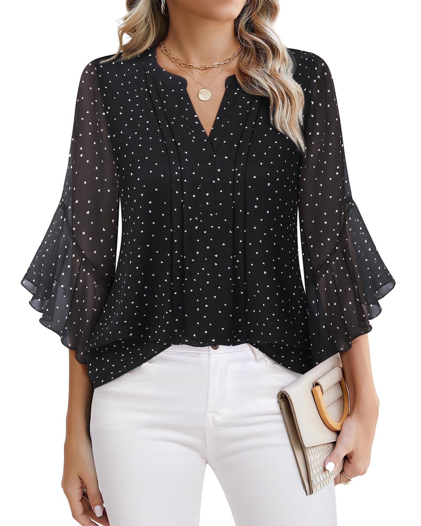Beautiful Blouses For Ladies - Women's 3/4 Sleeve Chiffon Blouse Dressy Business Casual Work Shirt