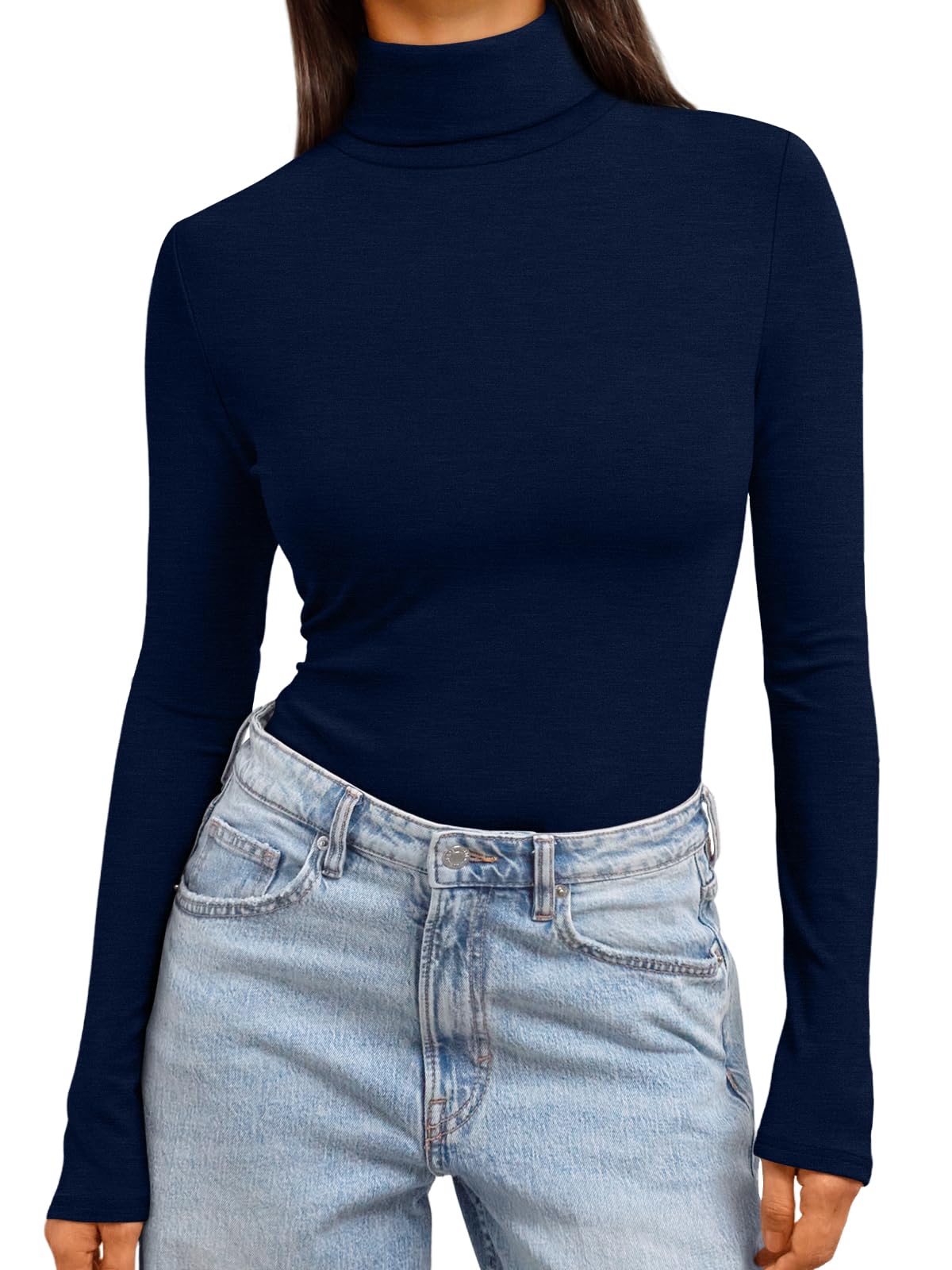 Women's Turtleneck Long Sleeve Shirts - Basic Thermal Underwear Tops Navy