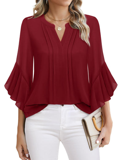Beautiful Blouses For Ladies - Women's 3/4 Sleeve Chiffon Blouse Dressy Business Casual Work Shirt Ancora Red